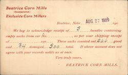 Beatrice Corn Mills Receipt Postcard Nebraska Postcard Postcard Postcard