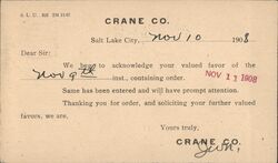 Crane Co. Salt Lake City Business Reply Postal Card Postcard