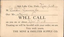 Mine & Smelter Supply Co. Will Call Postcard