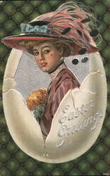 Easter Greetings Lady with Flower Postcard