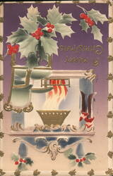 Merry Christmas Fireplace & Holly Postcard