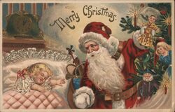 Merry Christmas Santa & Girl, Embossed Santa Claus Postcard Postcard Postcard