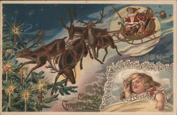 Merry Christmas Santa & Reindeer, Embossed Santa Claus Postcard Postcard Postcard