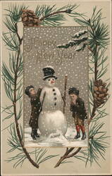 Happy New Year Boys & Snowman Postcard