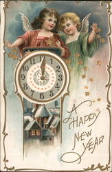 Happy New Year Angels & Clock Postcard