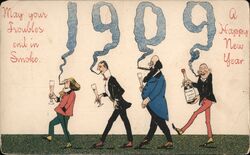 1909 Happy New Year Drinking Men Postcard