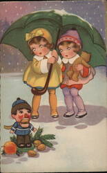 Children with Umbrella Christmas Postcard