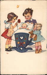 Children Admire Baby Cradle Ejo Postcard Postcard Postcard