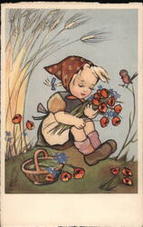 Girl with Red Scarf Holding Flowers Postcard