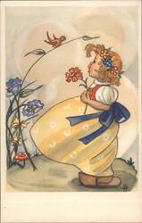 Girl with Flowers Greets Bird Postcard