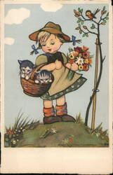 Girl with Kittens and Flowers Postcard