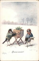 Bonne Annee Birds New Year Organ Grinders Corler Postcard Postcard Postcard