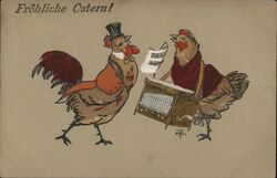 Frohliche Ostern Rooster & Hen Easter Postcard