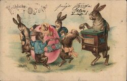 Frohliches Ostern Easter Bunnies Organ Grinders Postcard Postcard Postcard