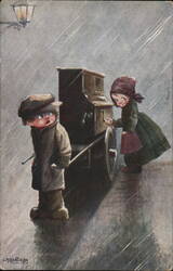 Organ Grinder Children Rain Abercrom Postcard Postcard Postcard