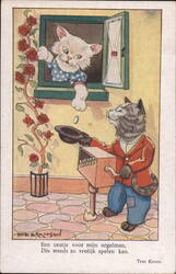 Cat Plays Barrel Organ for Another Cat Postcard