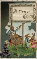 A Happy Easter - Dressed Rabbits with Organ Grinder With Bunnies Postcard Postcard Postcard