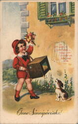 Boy With Flowers, Dog & Organ Grinder Postcard