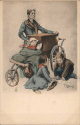 Poor French Family, Artist Signed de Beuvais Organ Grinders A. de Beuvais Postcard Postcard Postcard