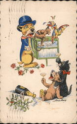 New Year's Monkeys Dogs and Parrot Postcard