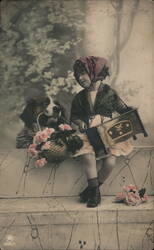 Girl with Dog and Music Box Belgium Children Postcard Postcard Postcard