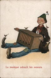 Comic Organ Grinder & Birds Postcard