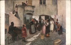 European Women Hanging Laundry Postcard