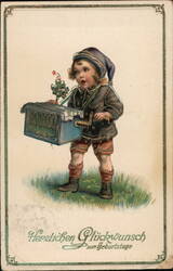 Herzlichen Glückwunsch Zum Geburtstag Boy With Hurdy-Gurdy Postcard