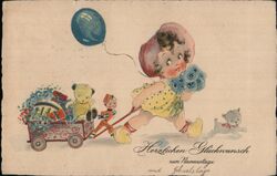 Girl pulling a wagon of Toys Children Postcard Postcard Postcard