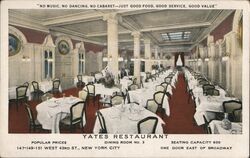 Yates Restaurant Dining Room No. 3 New York City Postcard