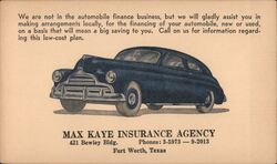 Max Kaye Insurance Agency Automobile Postcard