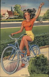 Carefree Woman on Bicycle Postcard