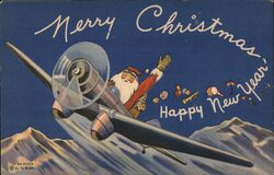 Merry Christmas Happy New Year Airplane Santa Santa Claus Postcard Postcard Postcard