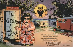 Woman Scared Going to Outhouse Postcard