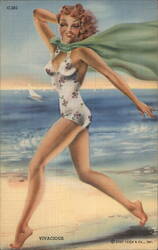 Vivacious Woman Running on Beach Swimsuits & Pinup Postcard Postcard Postcard