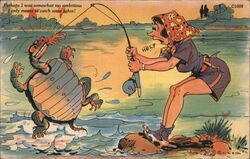 Woman Fishing Catches Turtle Postcard