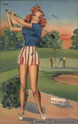 "Winsome" Redhead in a Blue Sweater, Golf Course Postcard