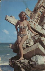 Vintage Beauty on Shipwreck Beach Swimsuits & Pinup Postcard Postcard Postcard