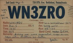 QSL WN3ZRO to W1IFQU Dec 1954 Postcard