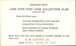 Lone Star Post Card Collectors Club Application Dallas, TX Postcard Postcard Postcard