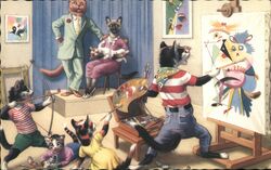 Cats Family Portrait Artist Painting Modern Art Postcard