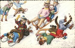 Anthropomorphic Cats Sledding in Snow Postcard