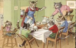 Anthropomorphic Cats Family Dinner Table Manners Postcard