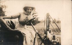 Victorian Woman Leaning Against Steering Wheel of Car Postcard