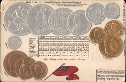 German Postcard with International Coin Values and British Flag Postcard