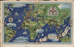 Air France Réseau Aérien Mondial Route Map Airline Advertising Postcard Postcard Postcard