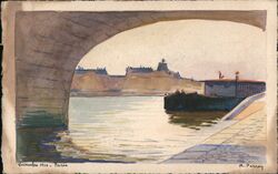 Original Watercolor: 1916 Paris, Seine River View from Bridge Arch, Barge Postcard