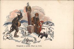 Czech Krampus: Waiting to attack devil - Kasparek a sedlak cihaji na certa. Postcard