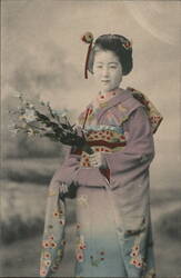 Japanese Woman in Kimono with Flowers Postcard