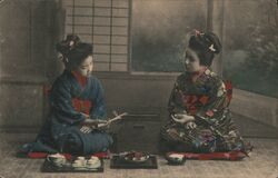 Two Japanese Girls in Kimonos with Tea Set Asian Postcard Postcard Postcard